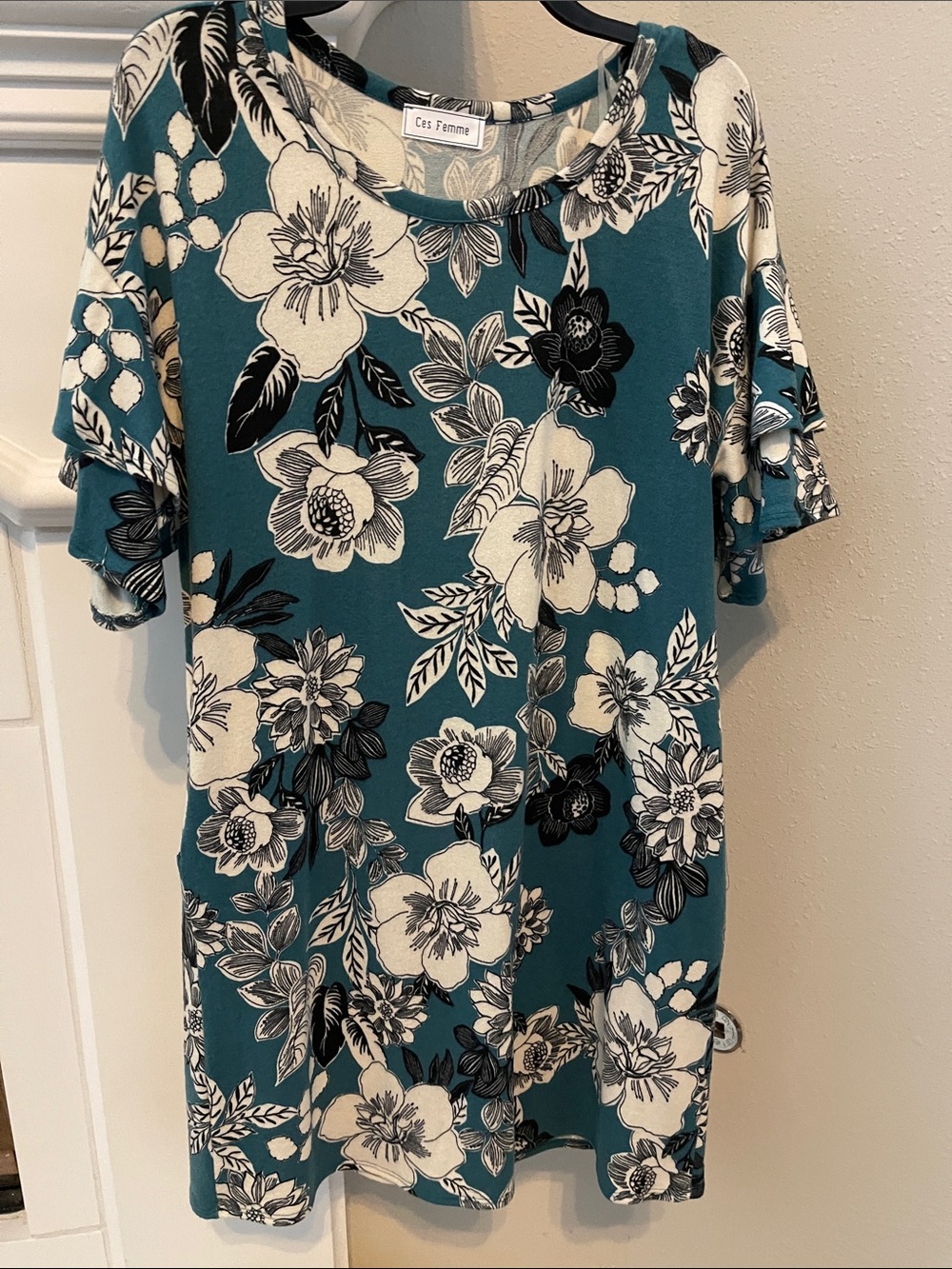 Ces Femme Teal Floral Ruffle Sleeve Dress with Pockets